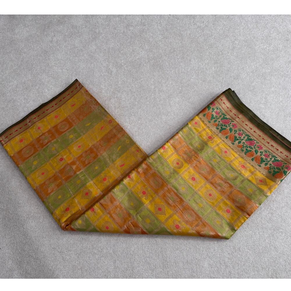 NWT Mustard Yellow & Green Gold Zari Check Silk Saree